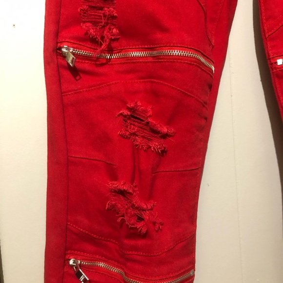 Copper Rivet Distressed Denim (Red) - Picture 3 of 7